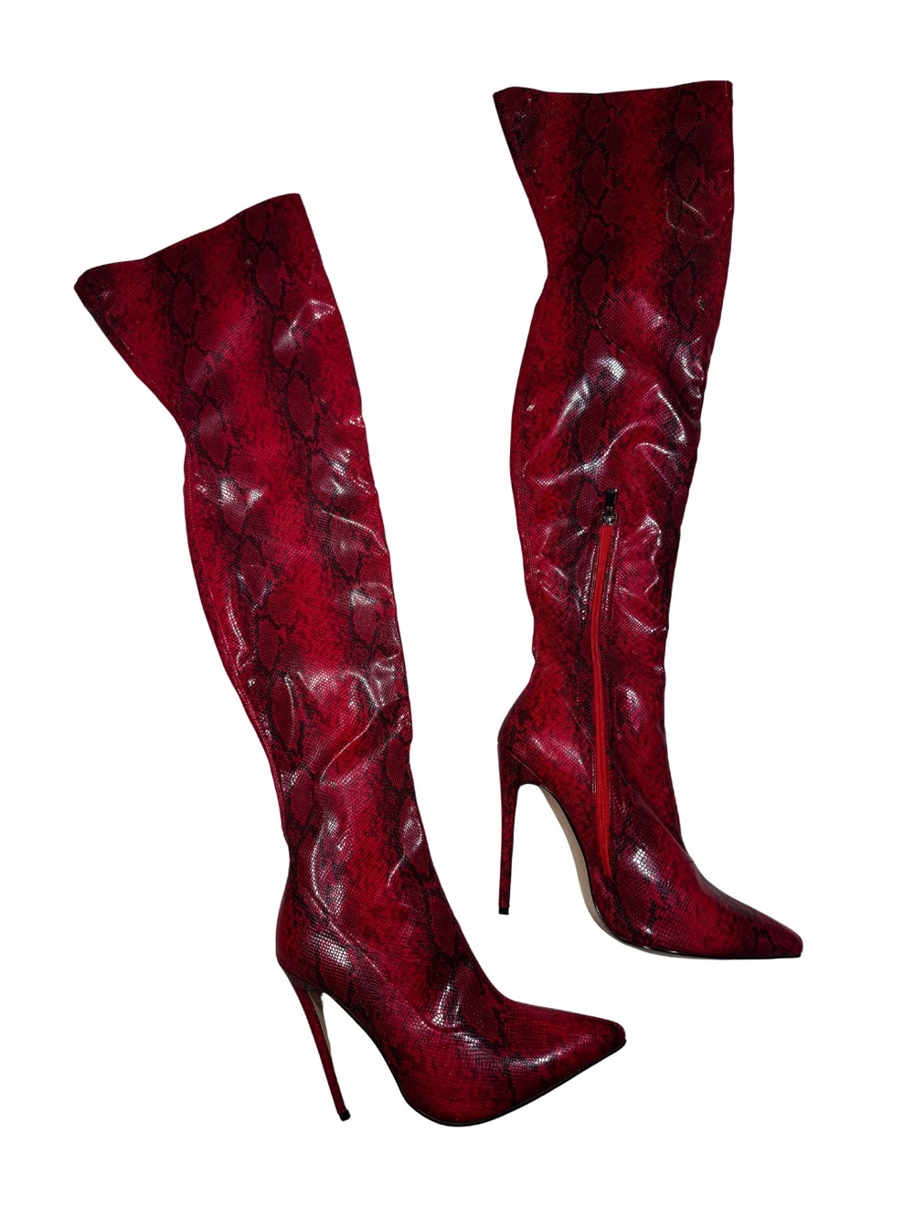 Red Snakeskin Over-the-Knee Stiletto Boots